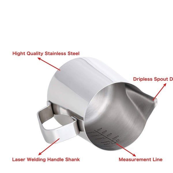 Cana din inox, latiera pentru spumare cu maner, cana de lapte sau cappucino, cu cioc, cana pentru bar, cana barista, 350 ml, h 9 cm, Maxx-55682