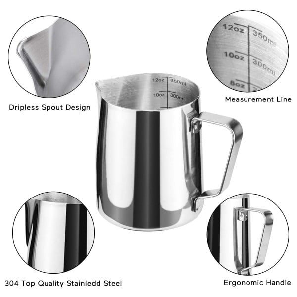 Cana din inox, latiera pentru spumare cu maner, cana de lapte sau cappucino, cu cioc, cana pentru bar, cana barista, 350 ml, h 9 cm, Maxx-55681