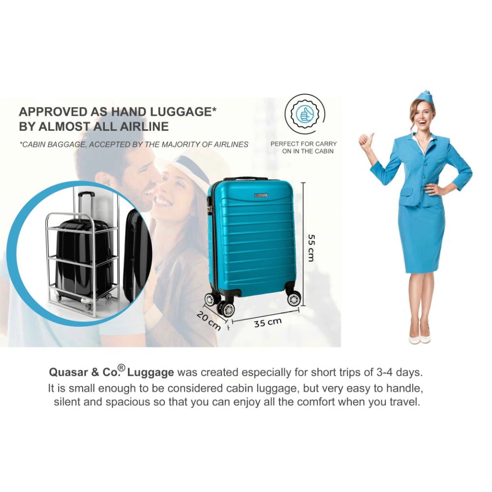 Troler cabina avion, Quasar & Co.®, Model Line, 4 roti duble cu rotatie 360°, maner telescopic, cifru, 55 x 36 x 20 cm, ABS, turcoaz 14 Troler cabina avion, Quasar & Co.®, Model Line, 4 roti duble cu rotatie 360°, maner telescopic, cifru, 55 x 36 x 20 cm, ABS, turcoaz 14