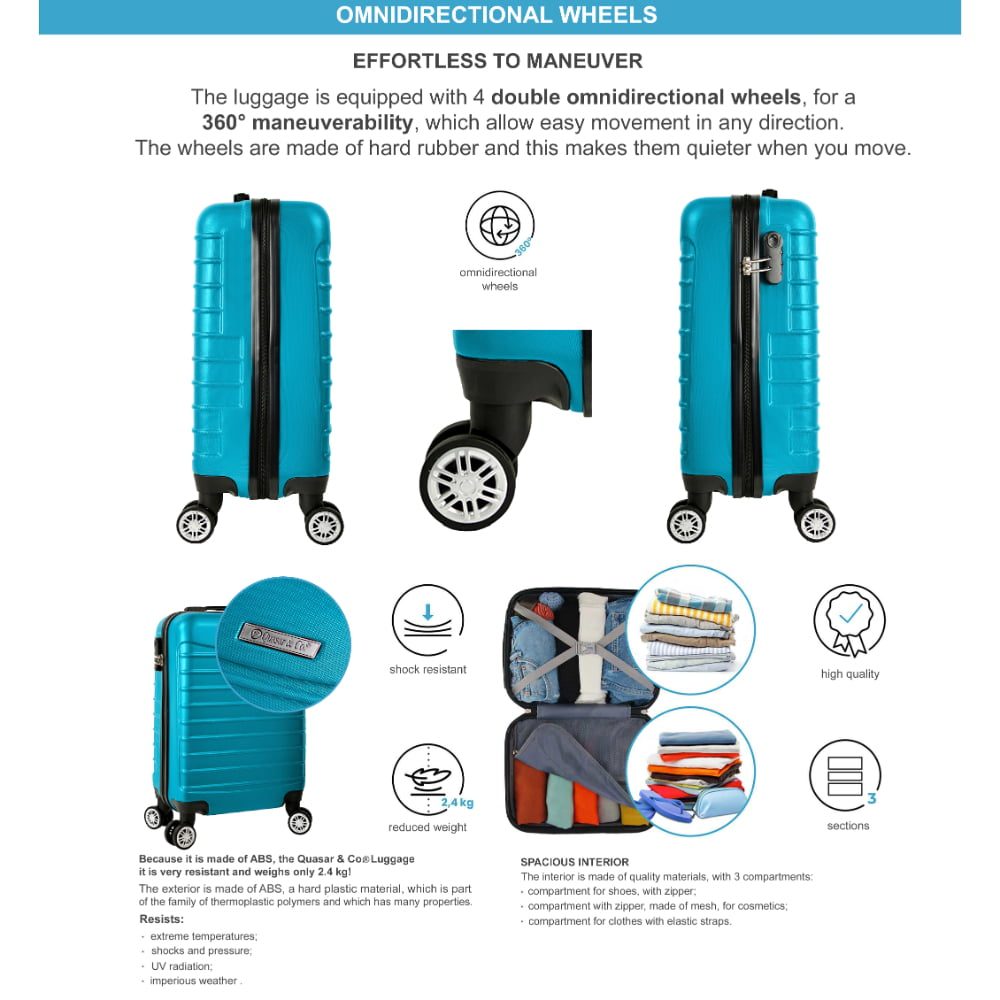 Troler cabina avion, Quasar & Co.®, Model Line, 4 roti duble cu rotatie 360°, maner telescopic, cifru, 55 x 36 x 20 cm, ABS, turcoaz 15 Troler cabina avion, Quasar & Co.®, Model Line, 4 roti duble cu rotatie 360°, maner telescopic, cifru, 55 x 36 x 20 cm, ABS, turcoaz 15