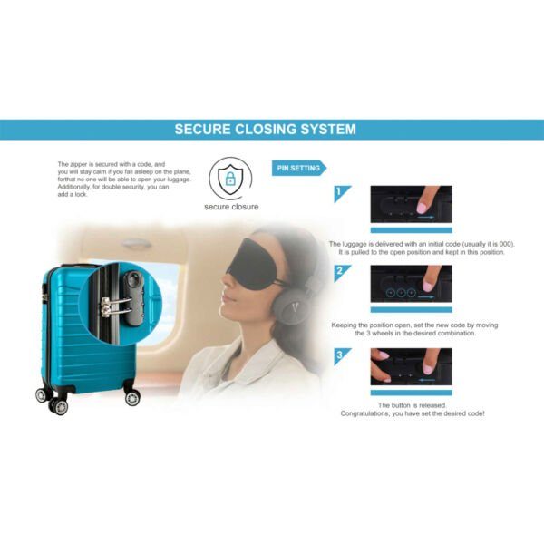 Troler cabina avion, Quasar & Co.®, Model Line, 4 roti duble cu rotatie 360°, maner telescopic, cifru, 55 x 36 x 20 cm, ABS, turcoaz - imagine 16