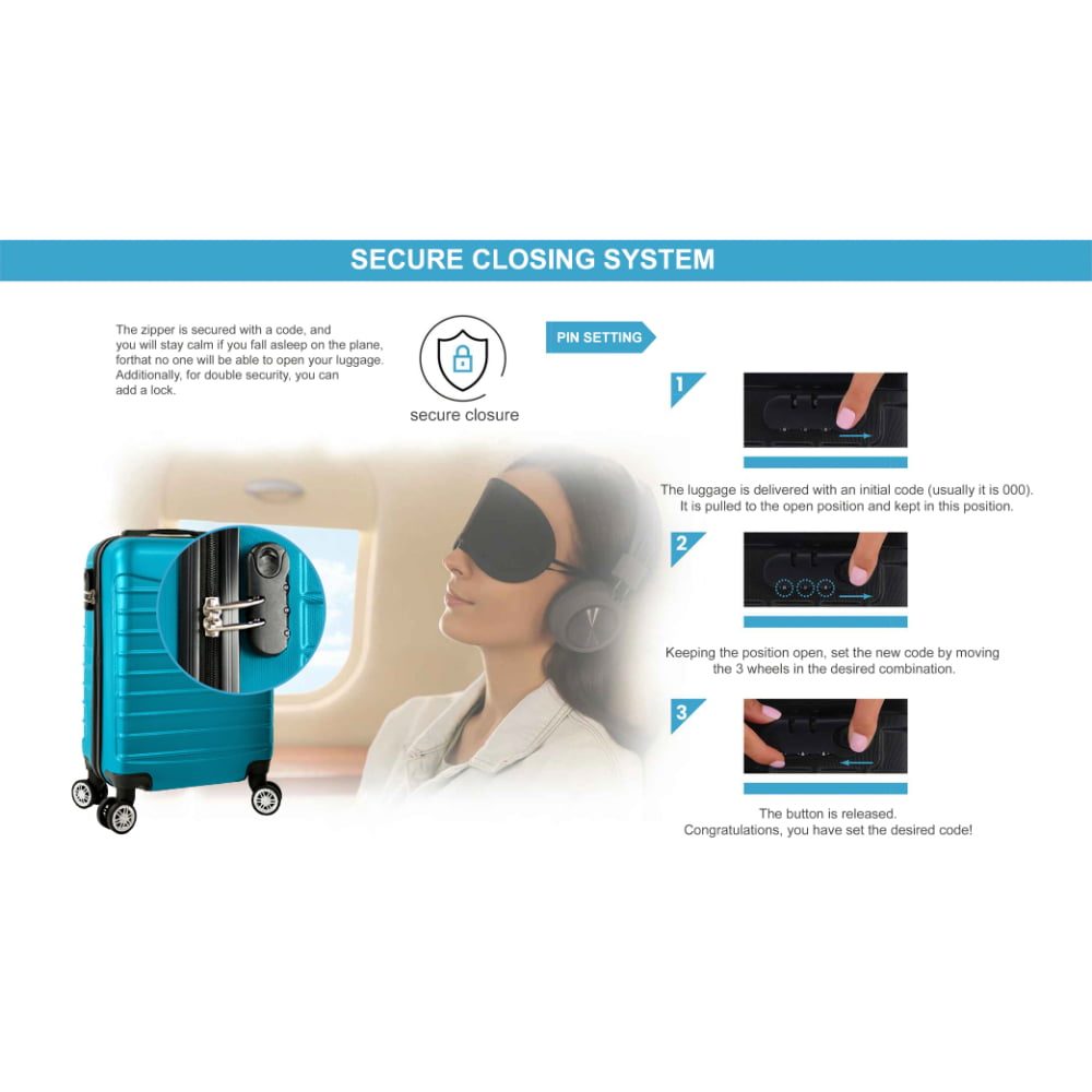 Troler cabina avion, Quasar & Co.®, Model Line, 4 roti duble cu rotatie 360°, maner telescopic, cifru, 55 x 36 x 20 cm, ABS, turcoaz 16 Troler cabina avion, Quasar & Co.®, Model Line, 4 roti duble cu rotatie 360°, maner telescopic, cifru, 55 x 36 x 20 cm, ABS, turcoaz 16