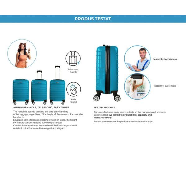 Troler cabina avion, Quasar & Co.®, Model Line, 4 roti duble cu rotatie 360°, maner telescopic, cifru, 55 x 36 x 20 cm, ABS, turcoaz - imagine 17