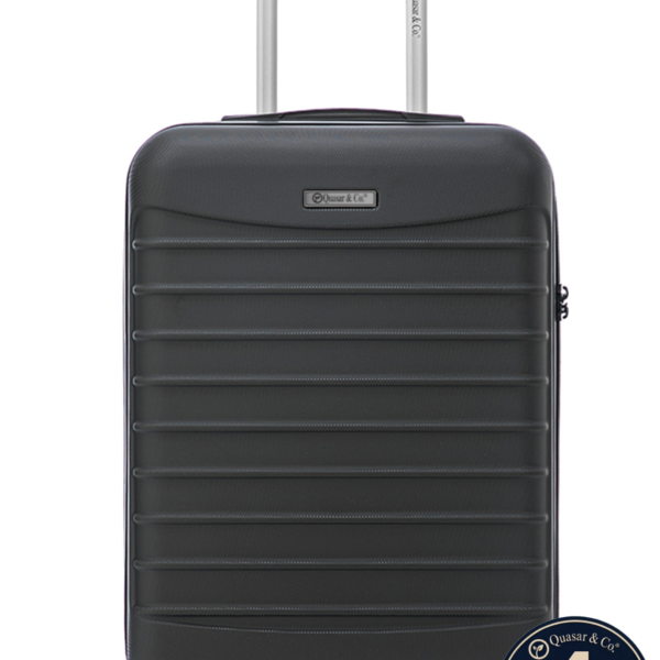 Troler cabina avion Quasar & Co.®, 55x38x21cm, bagaj de mana, troller cu fermoar antifurt, cifru, maner telescopic lung, geamantan cu 4 roti duble silentioase 360°, valiza ABS 2.8 mm, rezistent, 2 compartimente cu buzunar, 10kg, LINE, negru