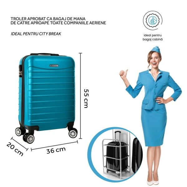Troler cabina avion, Quasar & Co.®, Model Line, 4 roti duble cu rotatie 360°, maner telescopic, cifru, 55 x 36 x 20 cm, ABS, turcoaz - imagine 6