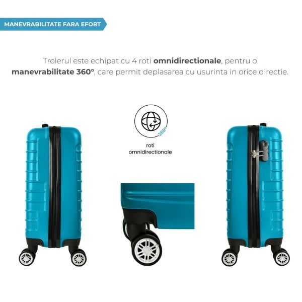 Troler cabina avion, Quasar & Co.®, Model Line, 4 roti duble cu rotatie 360°, maner telescopic, cifru, 55 x 36 x 20 cm, ABS, turcoaz - imagine 7