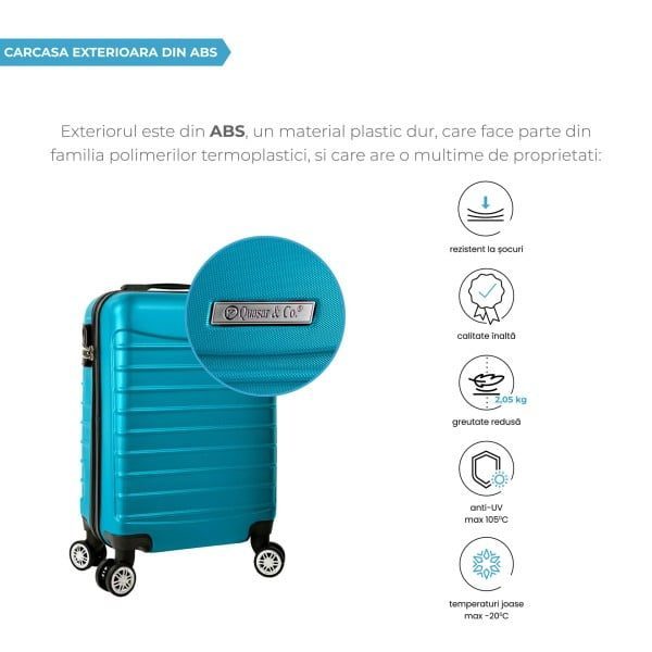 Troler cabina avion, Quasar & Co.®, Model Line, 4 roti duble cu rotatie 360°, maner telescopic, cifru, 55 x 36 x 20 cm, ABS, turcoaz - imagine 8