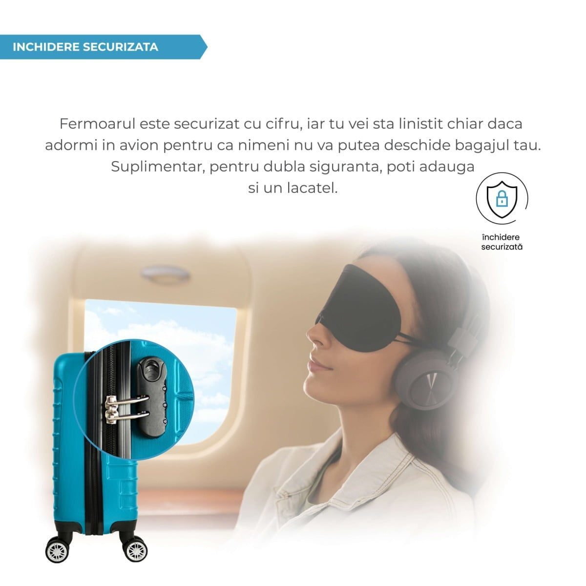 Troler cabina avion, Quasar & Co.®, Model Line, 4 roti duble cu rotatie 360°, maner telescopic, cifru, 55 x 36 x 20 cm, ABS, turcoaz 10 Troler cabina avion, Quasar & Co.®, Model Line, 4 roti duble cu rotatie 360°, maner telescopic, cifru, 55 x 36 x 20 cm, ABS, turcoaz 10