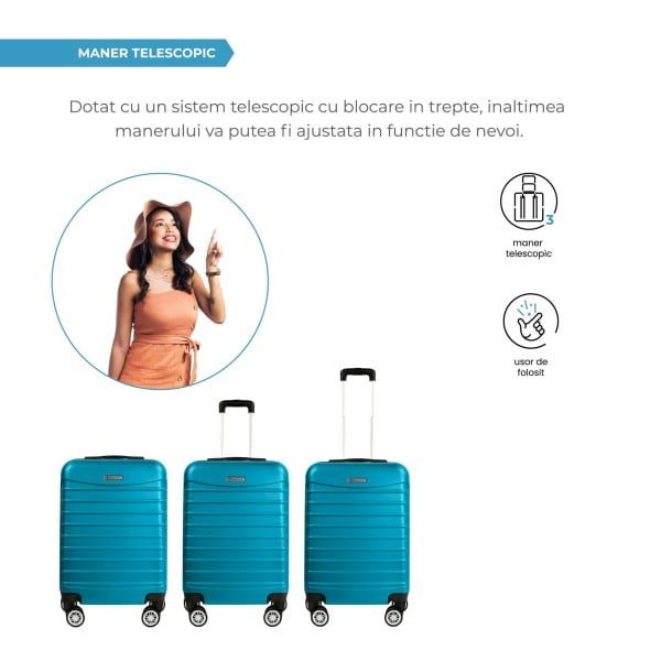 Troler cabina avion, Quasar & Co.®, Model Line, 4 roti duble cu rotatie 360°, maner telescopic, cifru, 55 x 36 x 20 cm, ABS, turcoaz - imagine 12