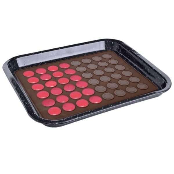 Tava copt Macarons, foaie copt macarons, Quasar&Co., 48 de forme rotunde, forma pentru prajituri/fursecuri, folie macarons rezistenta la temperaturi de pana la 250 grade C, 28,5 x 39 cm, tava silicon, maro-54884