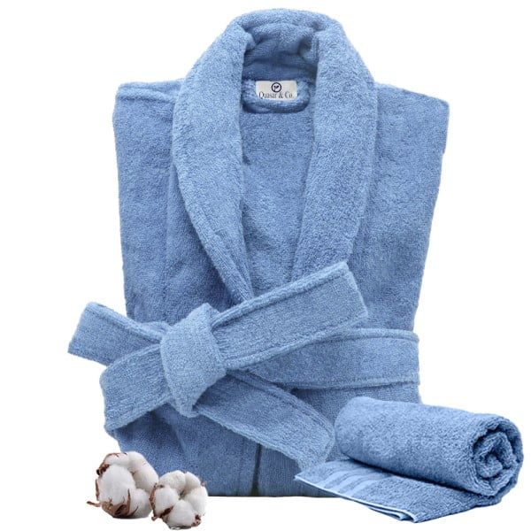 Set Halat de baie si prosop, Quasar & Co., 100% bumbac, halat baie gros, 1.1 kg, prosop de fata, 50 x 90 cm, albastru, S/M - imagine 4