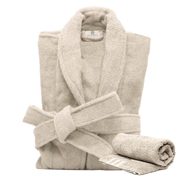 Set Halat de baie si prosop, Quasar & Co.®, 100% bumbac, halat baie gros, 1.1 kg, prosop de fata, 50 x 90 cm, crem, S/M - imagine 4