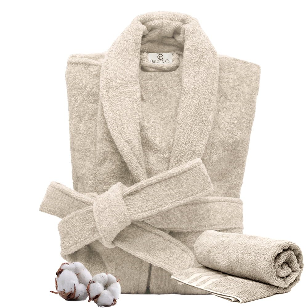 Set Halat de baie si prosop, Quasar & Co.®, 100% bumbac, halat baie gros, 1.1 kg, prosop de fata, 50 x 90 cm, crem, S/M 5