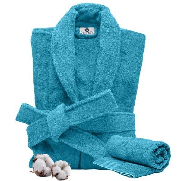 Set Halat de baie si prosop, Quasar & Co.®, 100% bumbac, halat baie gros, 1.1 kg, prosop de fata, 50 x 90 cm, turcoaz, L/XL - imagine 4
