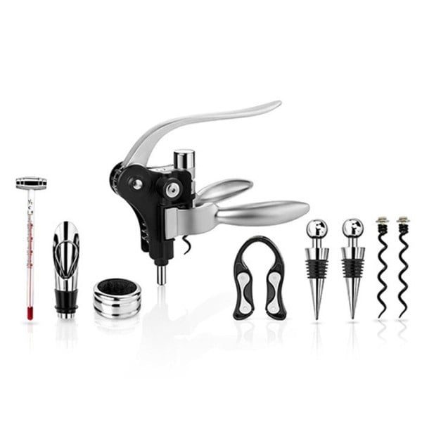 Accesorii profesionale pentru vin, Quasar & Co.®, 9 piese, in cutie de lemn, 2 dopuri de vin, dop de picurare, termometru, taietor de folie, palnie, tirbuson si 2 rezerve pentru tirbuson - imagine 5