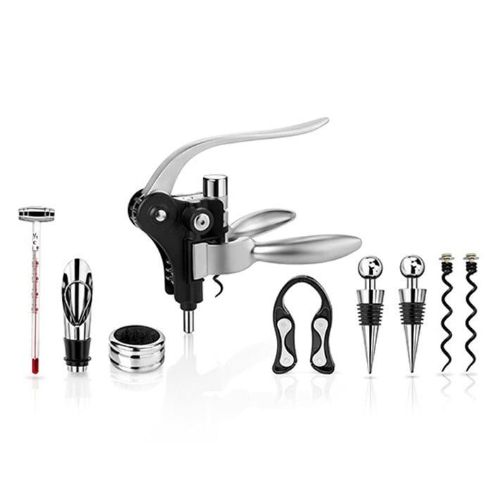 Accesorii profesionale pentru vin, Quasar & Co.®, 9 piese, in cutie de lemn, 2 dopuri de vin, dop de picurare, termometru, taietor de folie, palnie, tirbuson si 2 rezerve pentru tirbuson 5