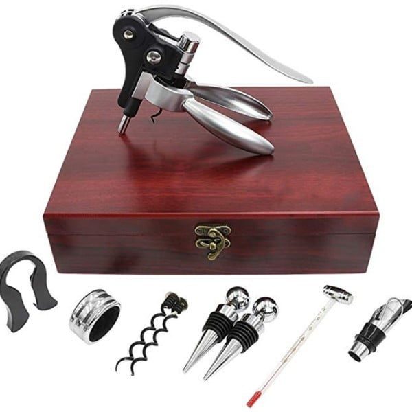 Accesorii profesionale pentru vin, Quasar & Co.®, 9 piese, in cutie de lemn, 2 dopuri de vin, dop de picurare, termometru, taietor de folie, palnie, tirbuson si 2 rezerve pentru tirbuson - imagine 3