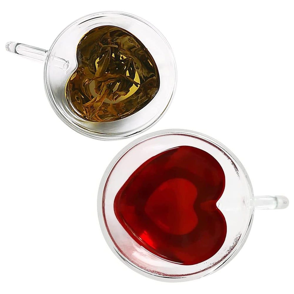 Set 2 cani si 2 farfurioare, Quasar & Co.®, cana 250 ml cu pereti dubli, interior forma inima, farfurioara 10.5 cm, termorezistenta, transparent 8
