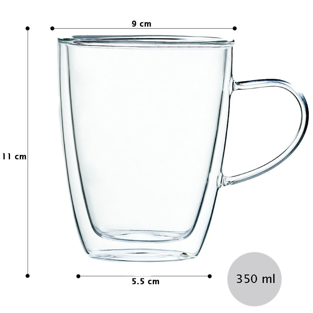 Set 4 cani si 4 farfurioare, Quasar & Co.®, farfurioara 10.5 cm, cana 350 ml cu pereti dubli, termorezistenta, transparent 10