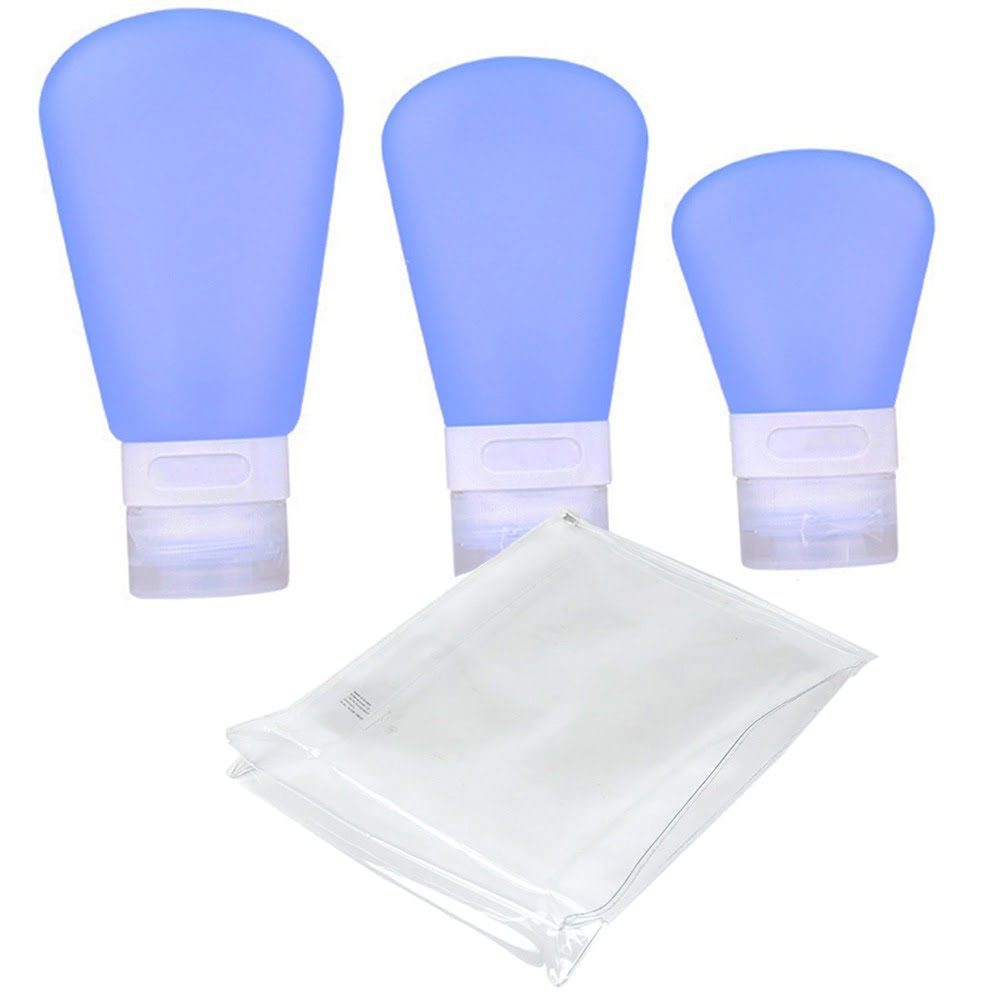 Sticlute de silicon cu ventuza, Quasar & Co.®, set 3 buc cu geanta, 30 ml, 60 ml, 90 ml, dozator de silicon pentru produse de ingrijire personala, kit calatorie/voiaj
