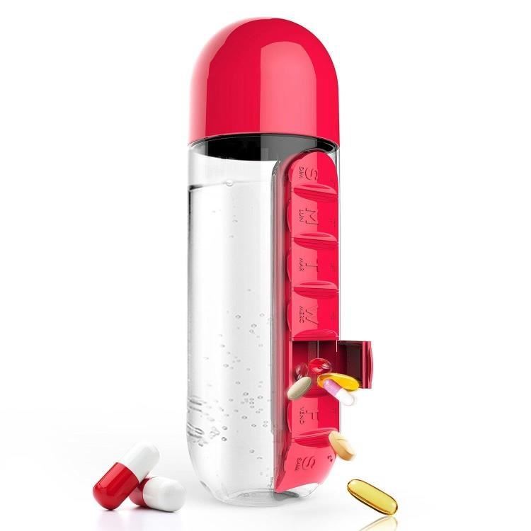 Sticla 600 ml cu organizator pentru medicamente, Quasar & Co.®, tritan, rosu