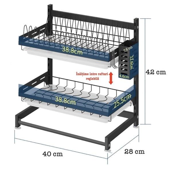 Scurgator de vase, Quasar & Co.®, 2 polite, organizator chiuveta bucatarie, 40.2 x 28.5 x 42.7 cm, inox, negru - imagine 3