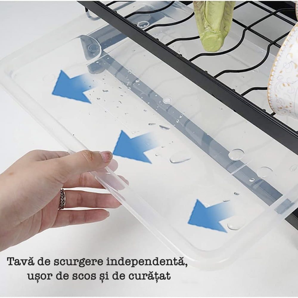 Scurgator de vase, Quasar & Co.®, 2 polite, organizator chiuveta bucatarie, 40.2 x 28.5 x 42.7 cm, inox, negru 4