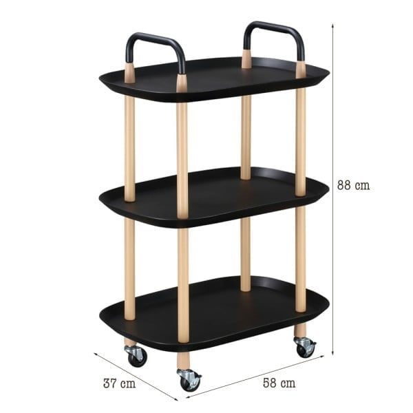 Raft universal depozitare, Quasar & Co.®, cu roti, 3 polite, dreptunghiular, 58 x 37 x 88 cm, inox/plastic, negru - imagine 3