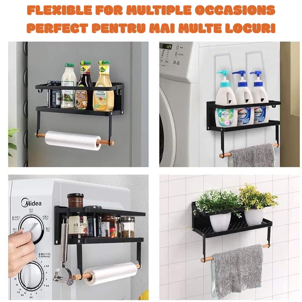 Raft metalic pentru condimente, Quasar & Co.®, suport rola prosop, prindere magnetica, pliabil, 32 x 11 x 17.8 cm, negru 13
