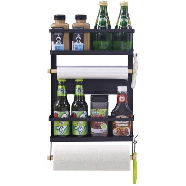 Raft metalic pentru condimente, Quasar & Co.®, 2 polite, suport rola prosop, suport folie alimentara, prindere magnetica, negru - imagine 4