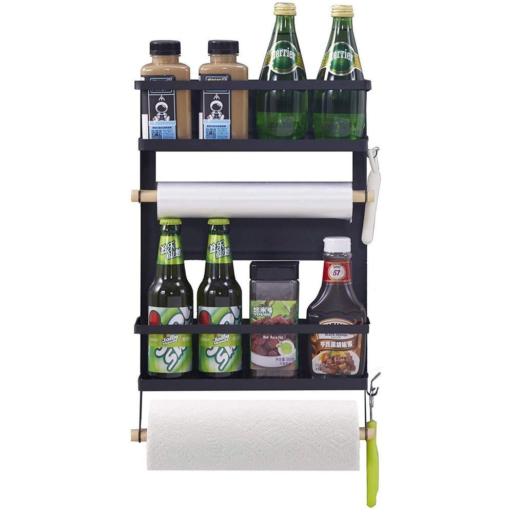 Raft metalic pentru condimente, Quasar & Co.®, 2 polite, suport rola prosop, suport folie alimentara, prindere magnetica, negru 4