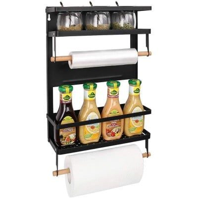Raft metalic pentru condimente, Quasar & Co.®, 2 polite, suport rola prosop, suport folie alimentara, prindere magnetica, negru 7