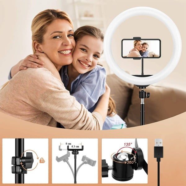 Lampa circulara LED cu trepied, Quasar & Co.®, 96 LED-uri, 3 trepte lumina, d 26 cm, alimentare USB, telecomanda pe fir, inaltime reglabila trepied 67-150 cm - imagine 12