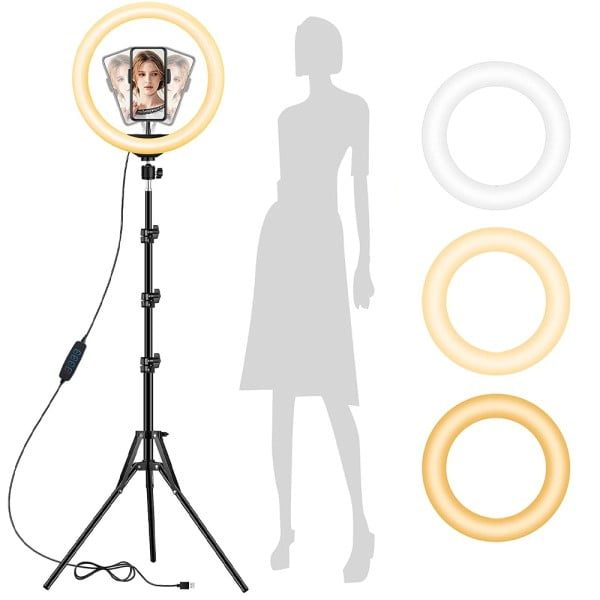 Lampa circulara LED cu trepied, Quasar & Co.®, 96 LED-uri, 3 trepte lumina, d 26 cm, alimentare USB, telecomanda pe fir, inaltime reglabila trepied 67-150 cm - imagine 6
