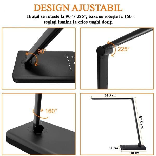 Lampa birou cu LED Quasar & Co.®, incarcare wireless telefon Andoid si IOS, touch control, reglare intensitate lumina rece/calda, timing inchidere, negru - imagine 4