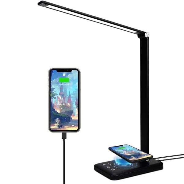 Lampa birou cu LED Quasar & Co.®, incarcare wireless telefon Andoid si IOS, touch control, reglare intensitate lumina rece/calda, timing inchidere, negru - imagine 5