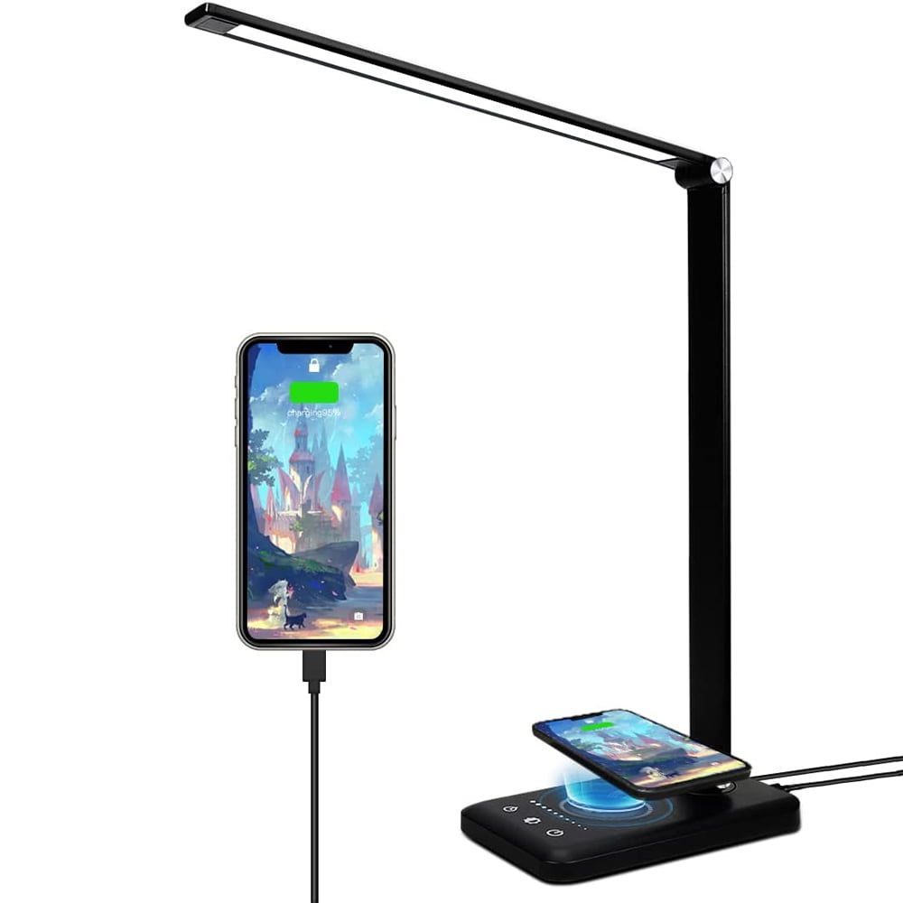 Lampa birou cu LED Quasar & Co.®, incarcare wireless telefon Andoid si IOS, touch control, reglare intensitate lumina rece/calda, timing inchidere, negru 5
