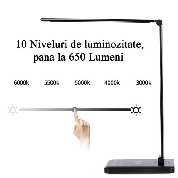Lampa birou cu LED Quasar & Co.®, incarcare wireless telefon Andoid si IOS, touch control, reglare intensitate lumina rece/calda, timing inchidere, negru - imagine 7