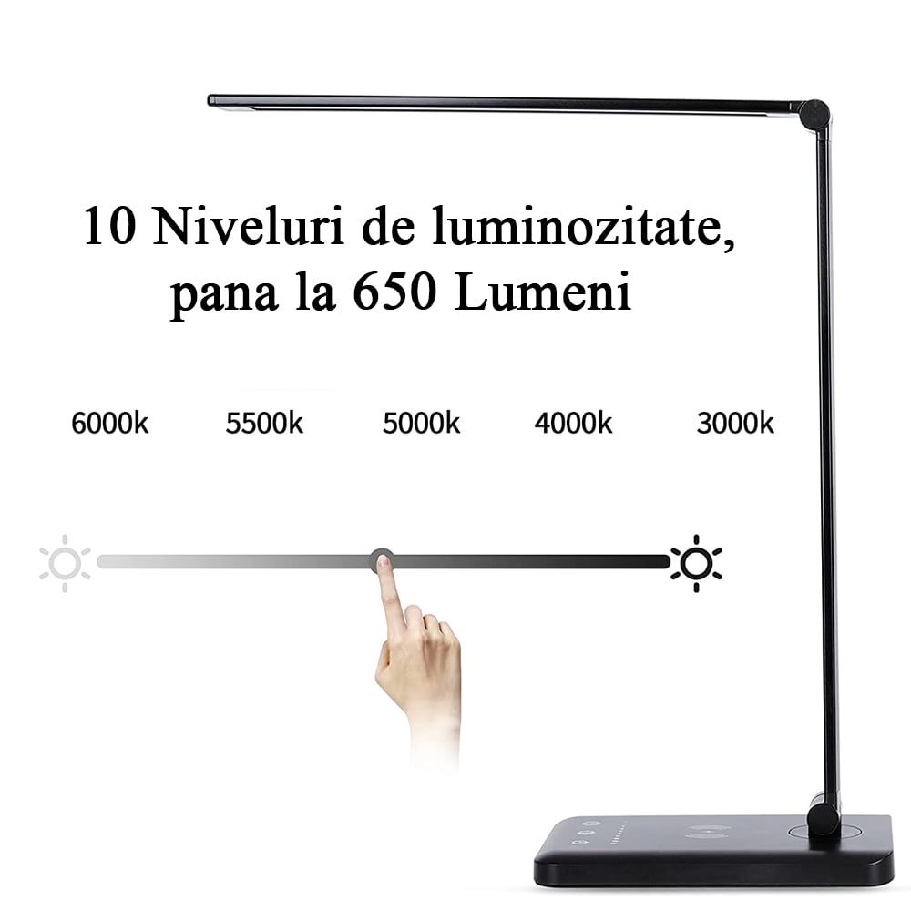 Lampa birou cu LED Quasar & Co.®, incarcare wireless telefon Andoid si IOS, touch control, reglare intensitate lumina rece/calda, timing inchidere, negru 7