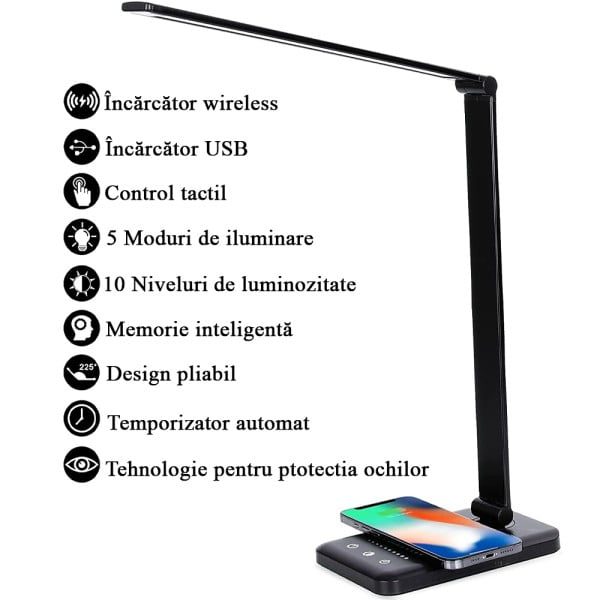 Lampa birou cu LED Quasar & Co.®, incarcare wireless telefon Andoid si IOS, touch control, reglare intensitate lumina rece/calda, timing inchidere, negru - imagine 8