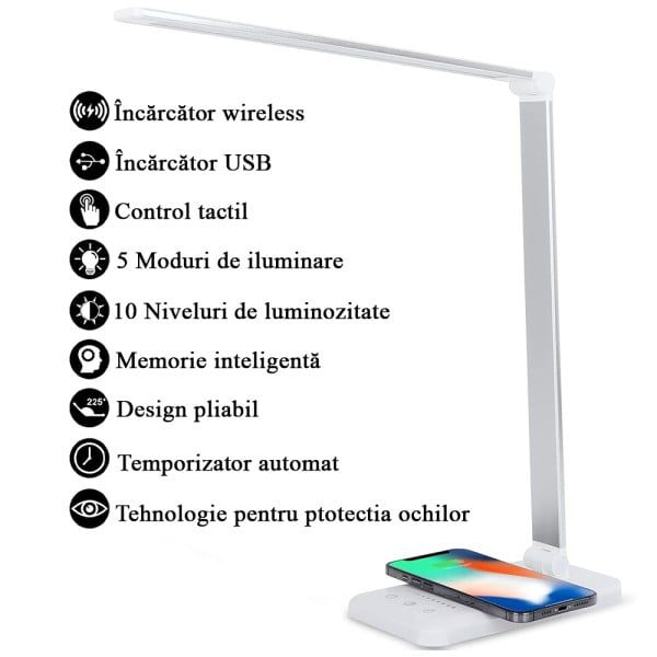 Lampa de birou LED, YDA tech®, cu incarcare wireless, compatibila Android si IOS, touch control, reglare intensitate lumina rece/calda, timing inchidere, alb/argintiu - imagine 6