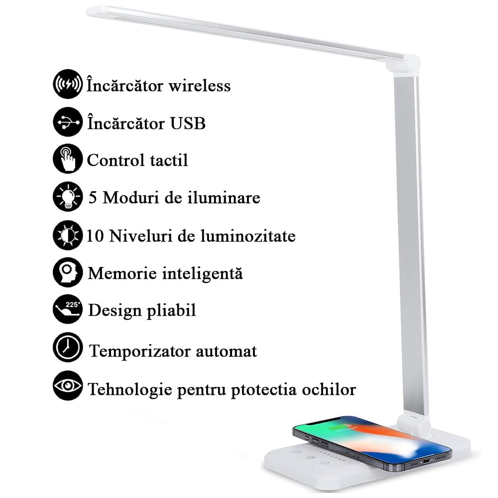 Lampa de birou LED, YDA tech®, cu incarcare wireless, compatibila Android si IOS, touch control, reglare intensitate lumina rece/calda, timing inchidere, alb/argintiu 6