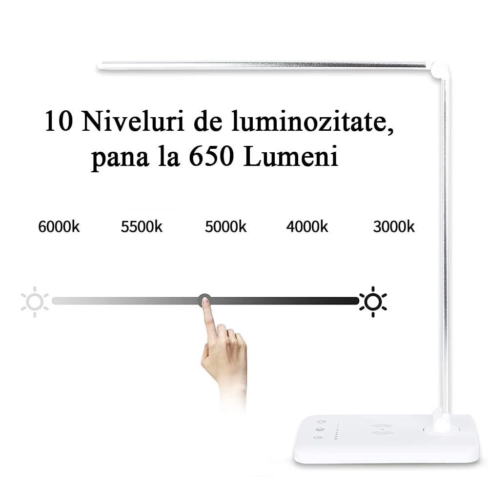 Lampa de birou LED, YDA tech®, cu incarcare wireless, compatibila Android si IOS, touch control, reglare intensitate lumina rece/calda, timing inchidere, alb/argintiu 7