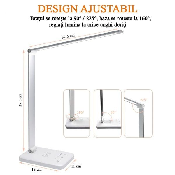 Lampa de birou LED, YDA tech®, cu incarcare wireless, compatibila Android si IOS, touch control, reglare intensitate lumina rece/calda, timing inchidere, alb/argintiu - imagine 8