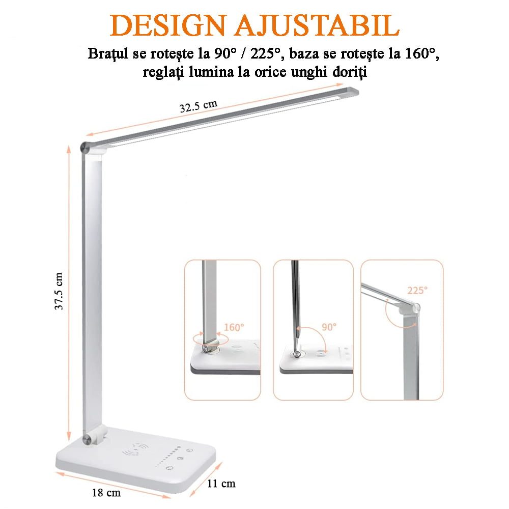 Lampa de birou LED, YDA tech®, cu incarcare wireless, compatibila Android si IOS, touch control, reglare intensitate lumina rece/calda, timing inchidere, alb/argintiu 8