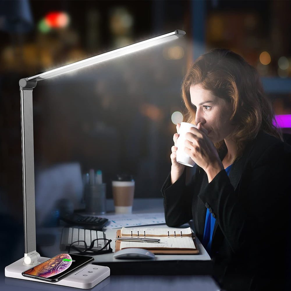 Lampa de birou LED, YDA tech®, cu incarcare wireless, compatibila Android si IOS, touch control, reglare intensitate lumina rece/calda, timing inchidere, alb/argintiu 10