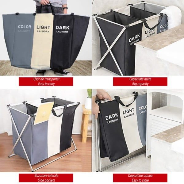 Cos de rufe cu 3 compartimente, Quasar & Co.®, cadru aluminiu, 62 x 34 x 56 cm - imagine 4