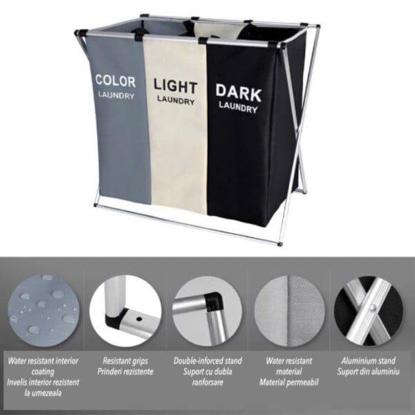 Cos de rufe cu 3 compartimente, Quasar & Co.®, cadru aluminiu, 62 x 34 x 56 cm - imagine 5