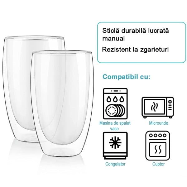 Set 2 pahare din sticla cu pereti dubli, Quasar & Co.®, termorezistent, design modern, diametru 8 cm, 450 ml - imagine 6