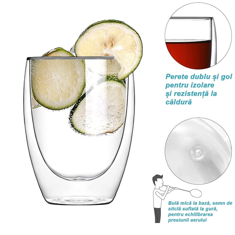 Set 4 pahare din sticla cu pereti dubli, Quasar & Co.®, termorezistente, design modern, diametru 8 x h11.5 cm, 350 ml 12